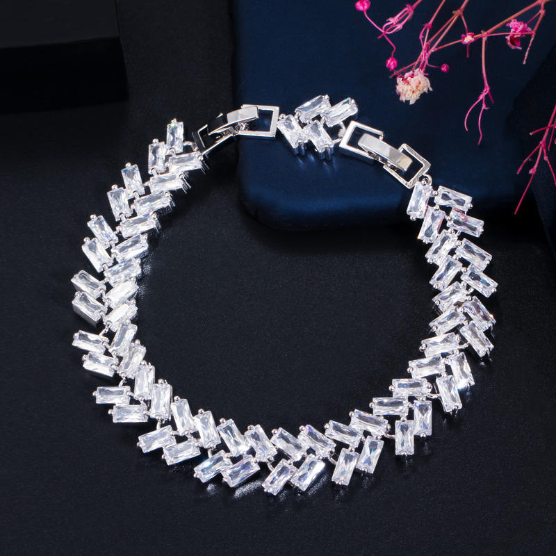 Bracelet "Feuille Cristalline"  Plaqué Or Blanc